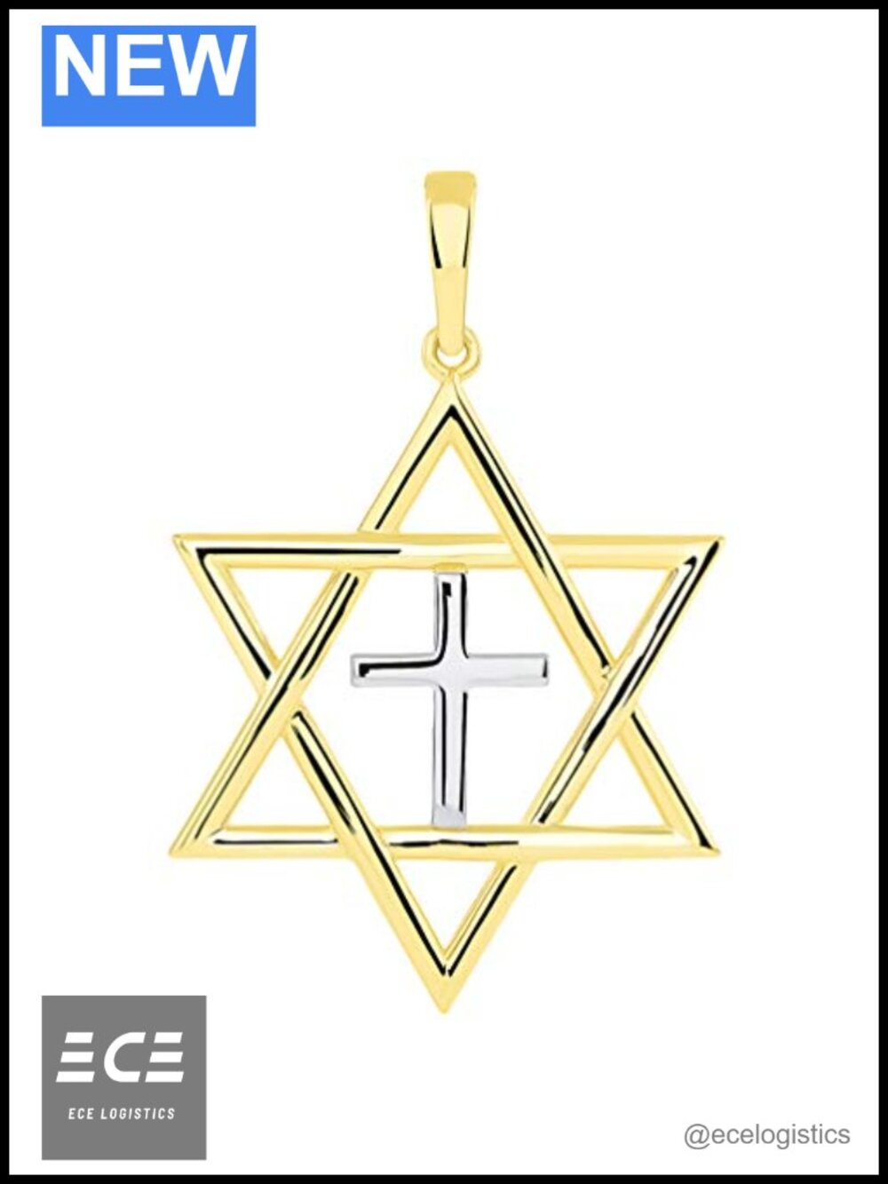 14k Yellow Gold Jewish Star of David Cross Judeo Christian Pendant Large